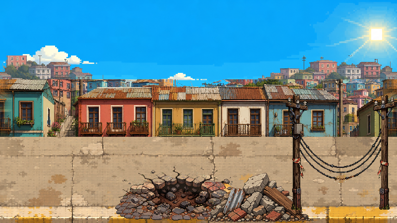 Tramo de cerros con casas de colores, sol y obstáculos en la calle.